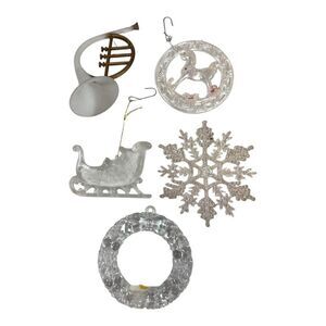 Vintage Clear Plastic Christmas Ornaments Set Of 5 Sleigh Wreath Snowflake Horn